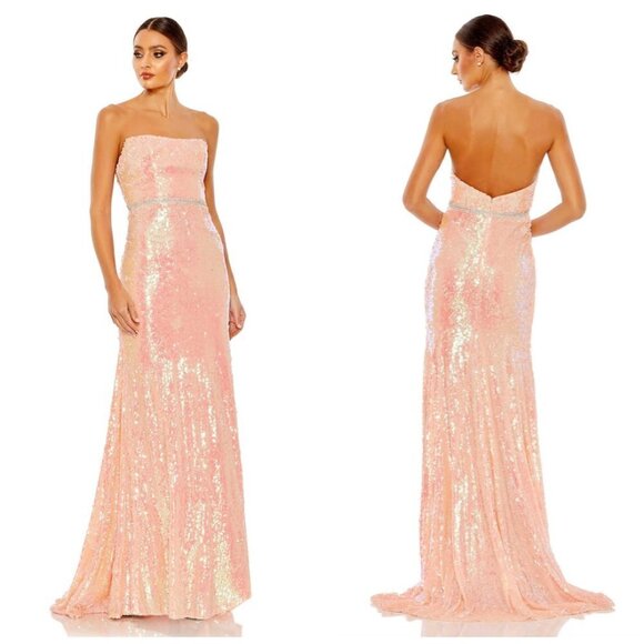 MAC DUGGAL Sequined Strapless Rhinestone Belt Gown in Coral Size US 2 - Picture 1 of 11